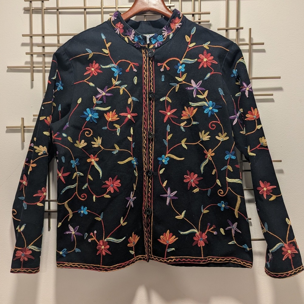VTG BFA‎ Classics Black Embroidered Floral Button Front Jacket Women's Size L